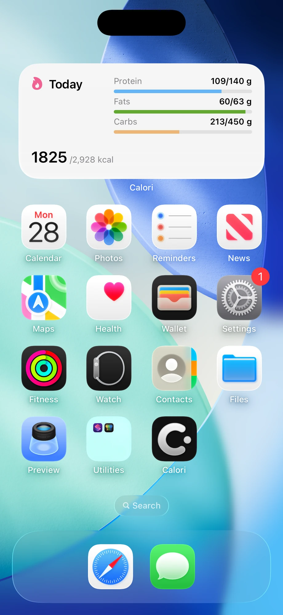 The Calori Today widget on an iPhone Home Screen