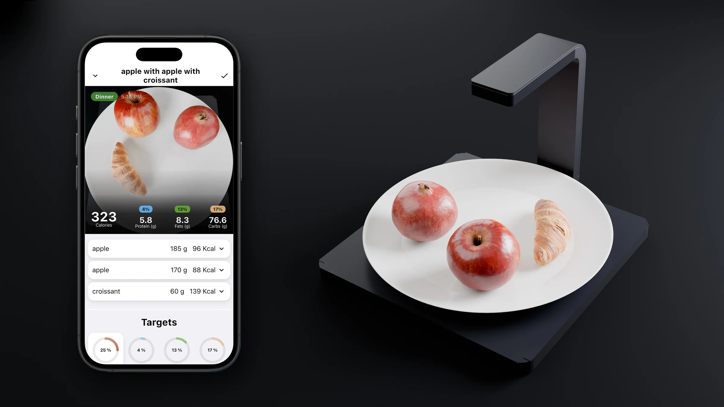 The Calori app showing a logged plate of fruit and a croissant, beside the Calori Scale with that plate on it