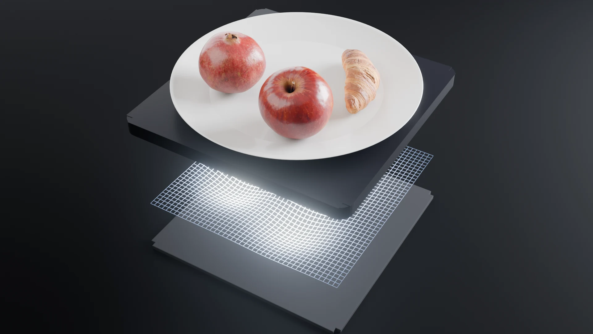 Illustration: the glass top lifted above a glowing sensing layer that dips under each item